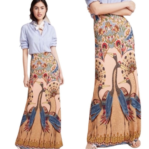 Farm Rio Mixed Print Maxi Skirt Peacock Anthropologie Textured Size XS - Picture 1 of 8
